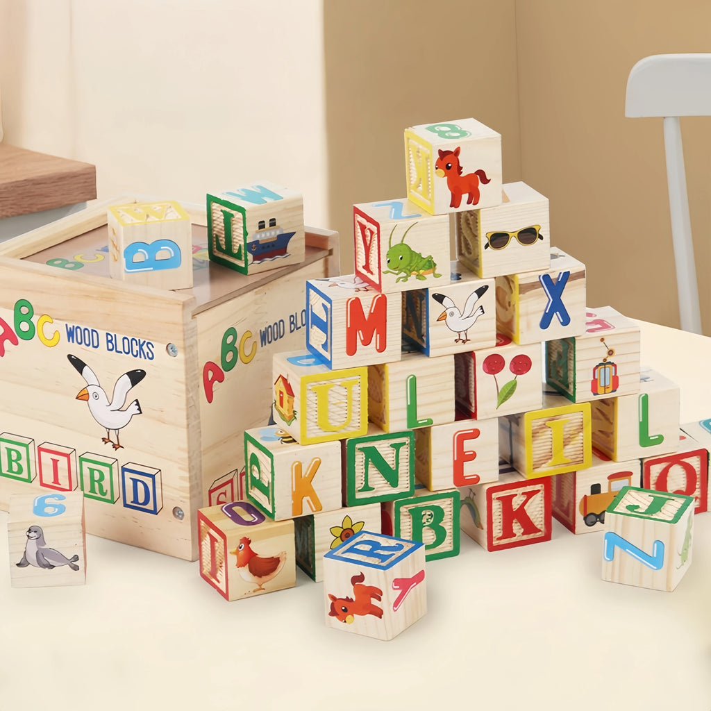 Wooden Educational Toys 27 Large Building Blocks ABC English Alphabet Number Cubes Wooden Wooden Box Storage